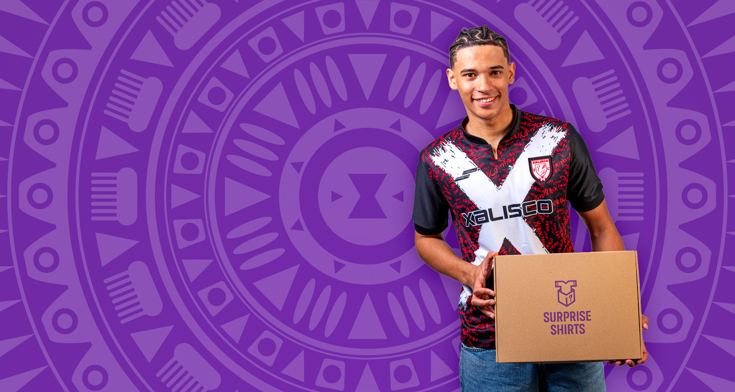 Person holding a box with a brand logo against a purple patterned background