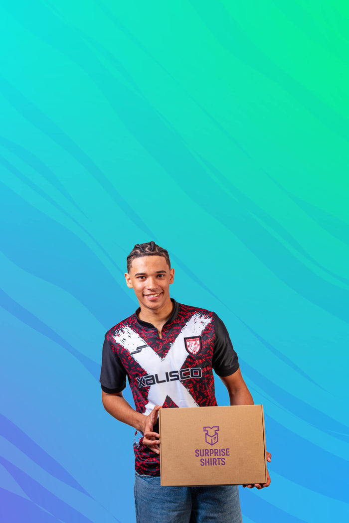 Person holding a surprise box with a colourful gradient background