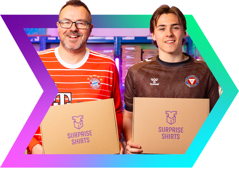 Rob and Louis, the father & son duo behind Surprise Shirts pose together holding up Surprise Shirts boxes